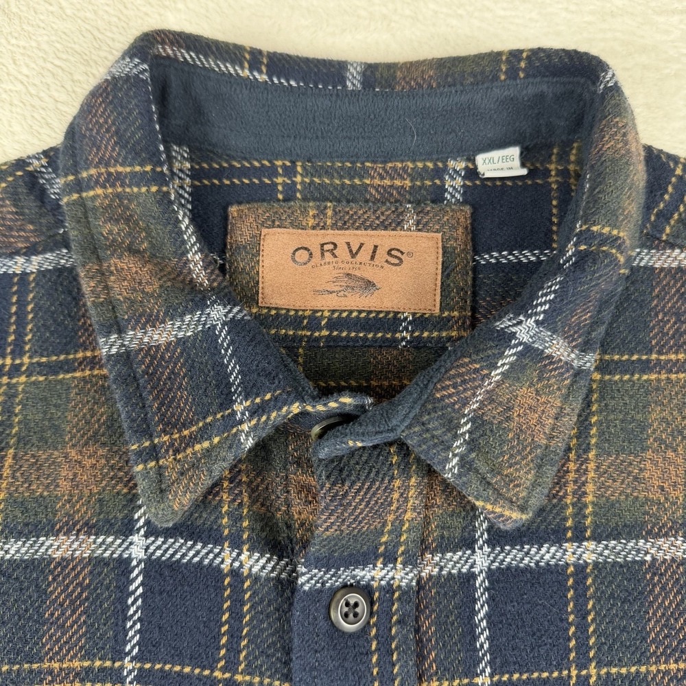 Orvis Flannel Shacket Shirt Mens XXL Blue/Brown Plaid‎ Heavyweight Button Up - Picture 9 of 15